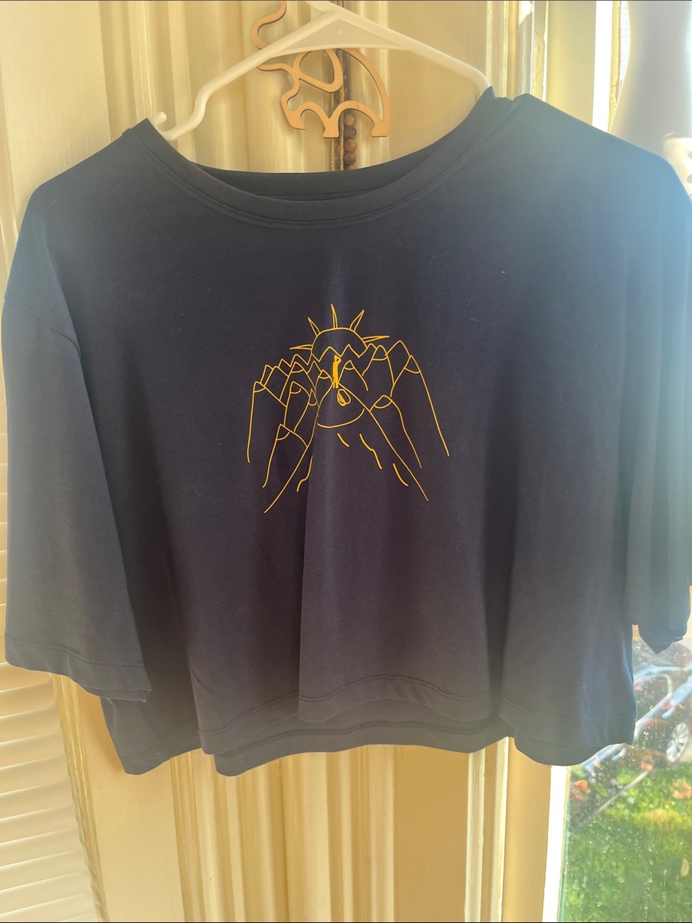 Rupi Kaur Navy Blue Cropped Tee with Yellow Mountain Line Art